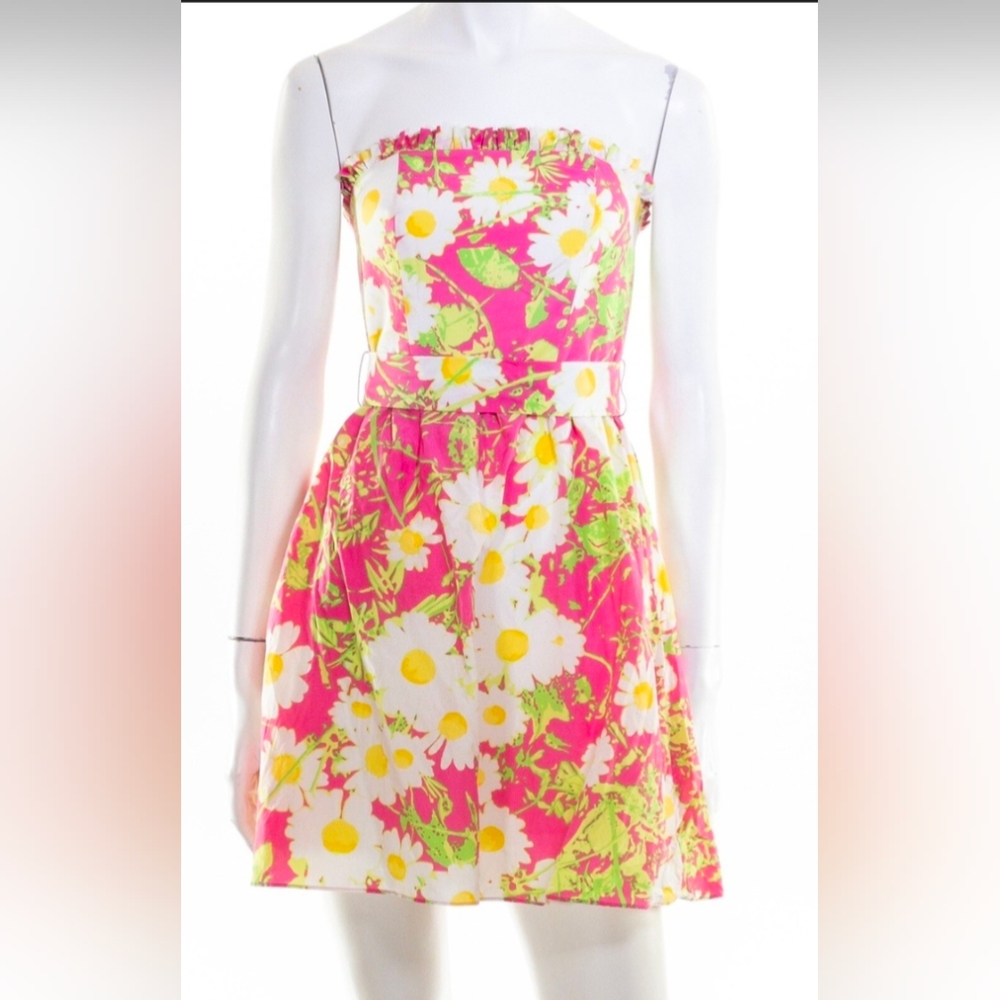 Lilly Pulitzer Pink Daisy-Print Strapless Sundress 2 Silk Cotton Blend